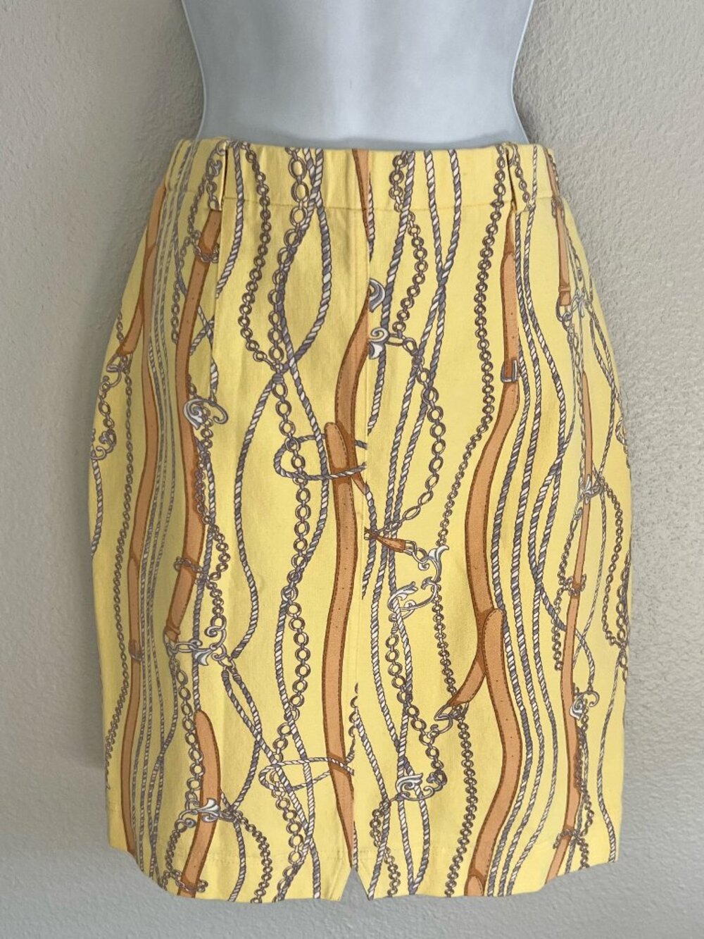 Vintage German Butter Yellow Harness Print Pencil Skirt Catherina Hepfer Size M